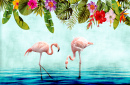 Tropical Plants and Flamingos